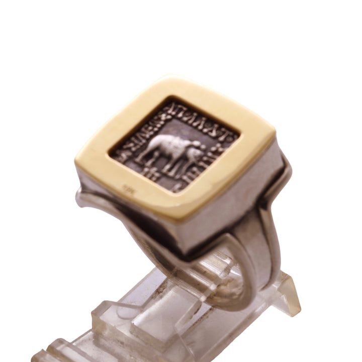 14K Gold and Sterling Silver Square Ring, Apollodotus Elephant Baktria, AR Drachma Ancient Coin, ID16046