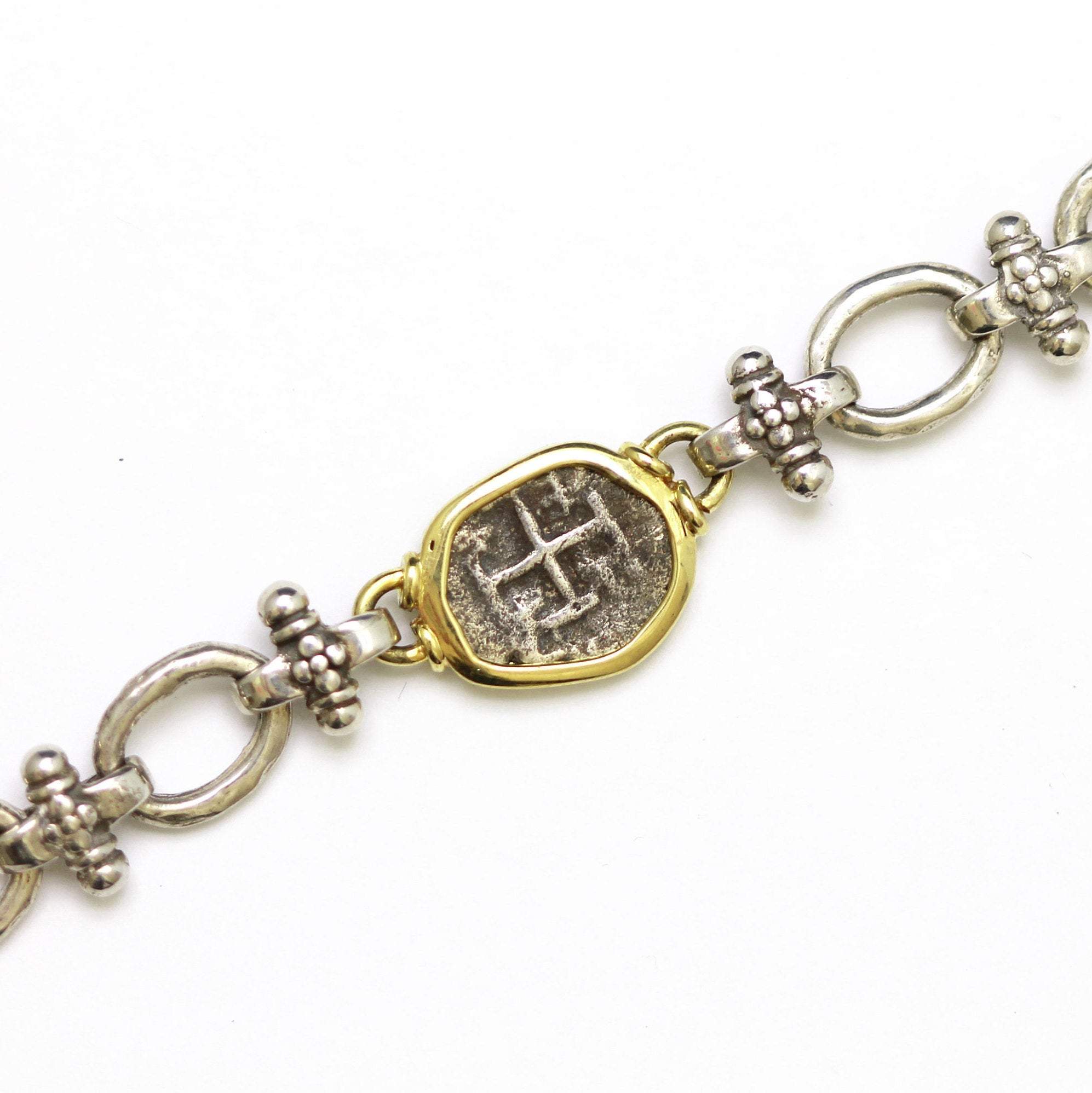14K Gold and Sterling Silver Link Bracelet, Spanish 1/2 Real, Genuine Ancient Coin, ID13133