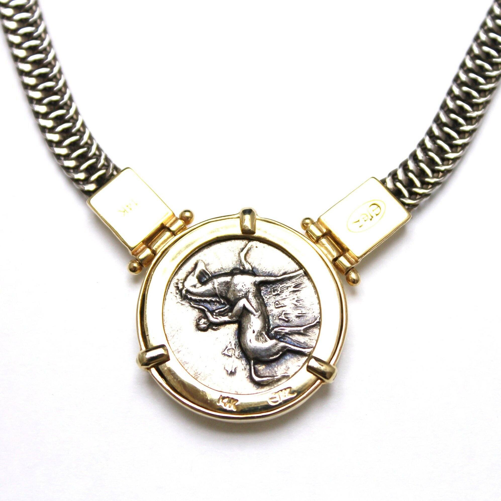 14K Gold and Sterling Silver Necklace, Boy on a Dolphin Coin Necklace, Ancient Silver Nomos Coin, ID13388
