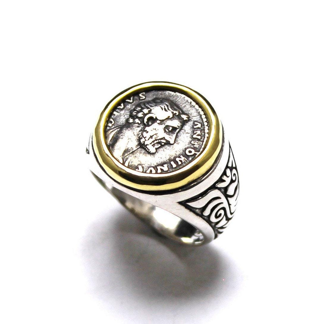 14K Gold and Sterling Silver Ring, Antoninus Pius, Ancient Denarius Coin, ID13116