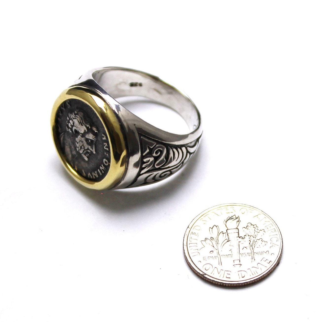 14K Gold and Sterling Silver Ring, Antoninus Pius, Ancient Denarius Coin, ID13116
