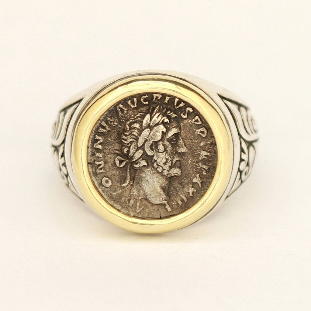 14K Gold and Sterling Silver Ring, Antoninus Pius, Ancient Denarius Coin, ID13117