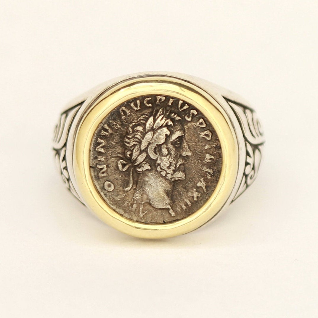 14K Gold and Sterling Silver Ring, Antoninus Pius, Ancient Denarius Coin, ID13117