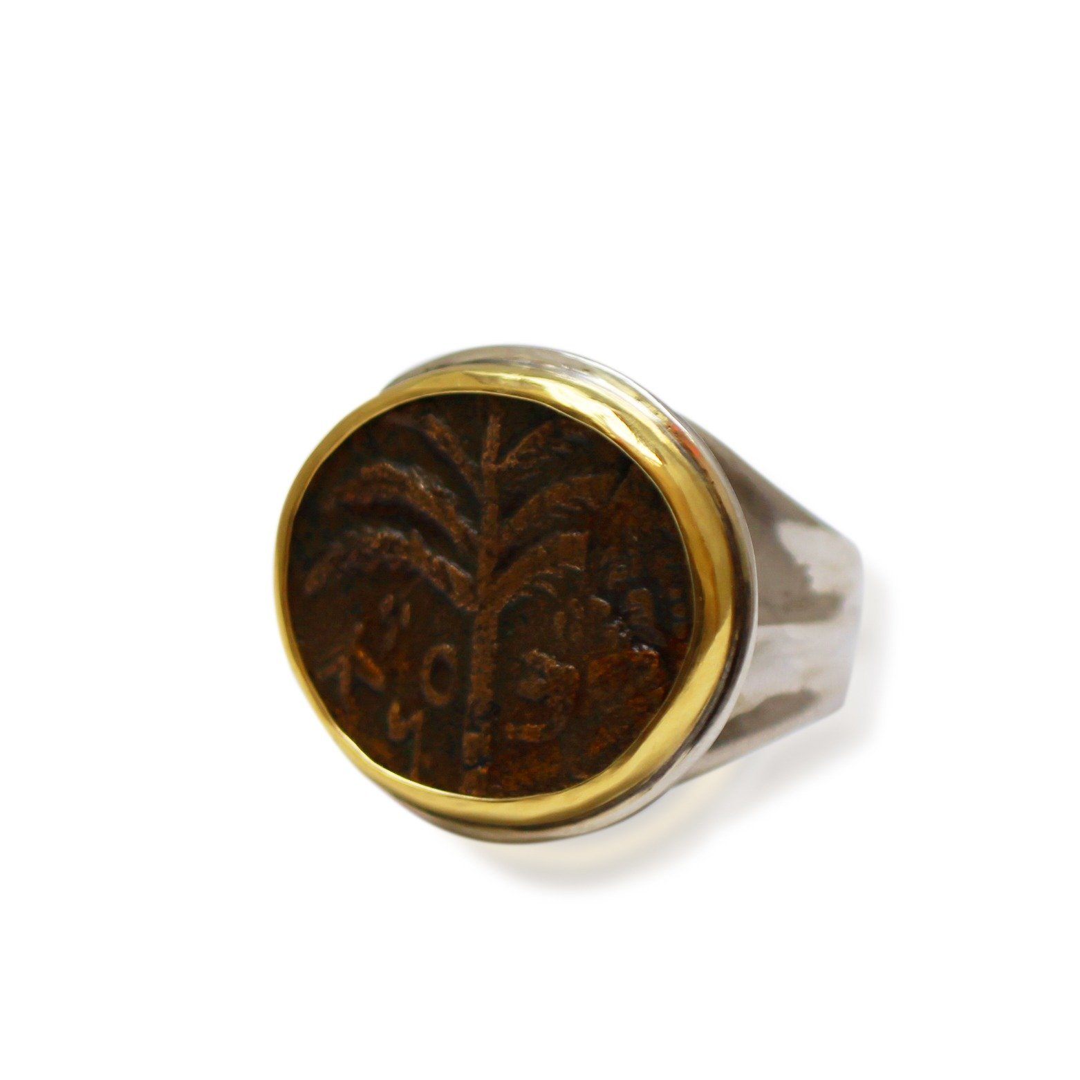 14K Gold Bezel, Silver Ring, Shimon, Bar Cochba, Palm Tree, ID13282 - Erez Ancient Coin Jewelry 