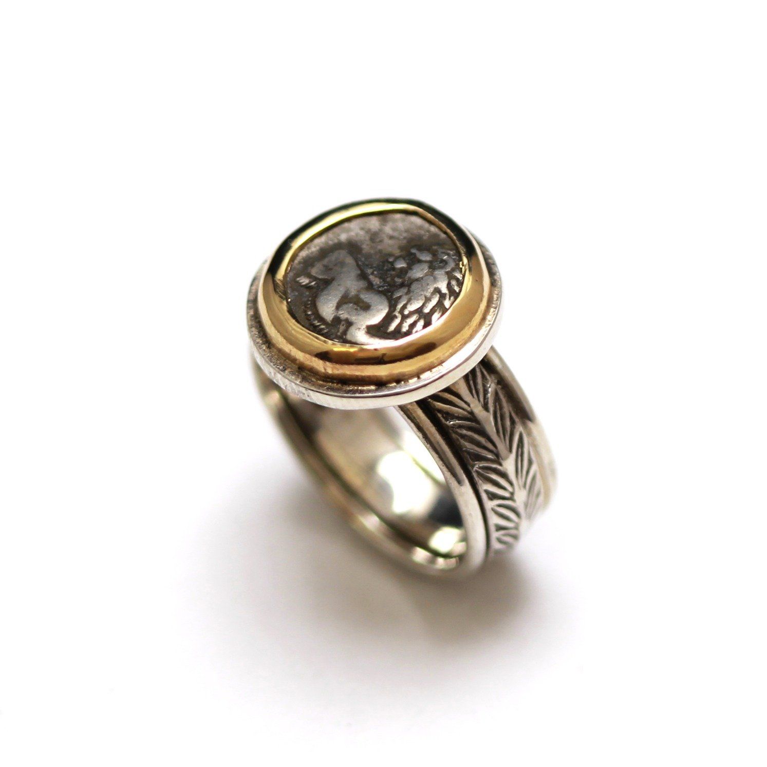 14K Gold Bezel, Sterling Silver Engraved Ring, Ancient Greek , ID13354 - Erez Ancient Coin Jewelry 