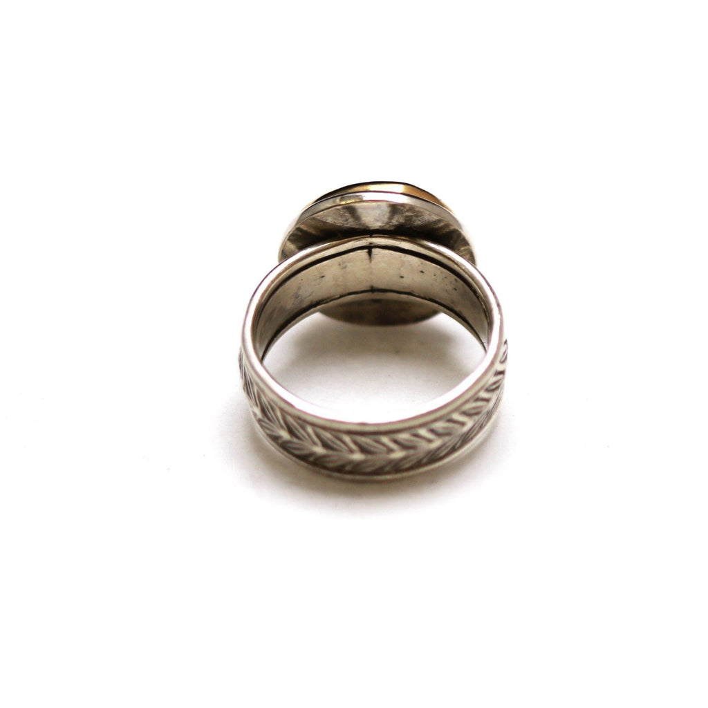 14K Gold Bezel, Sterling Silver Engraved Ring, Ancient Greek , ID13354 - Erez Ancient Coin Jewelry 