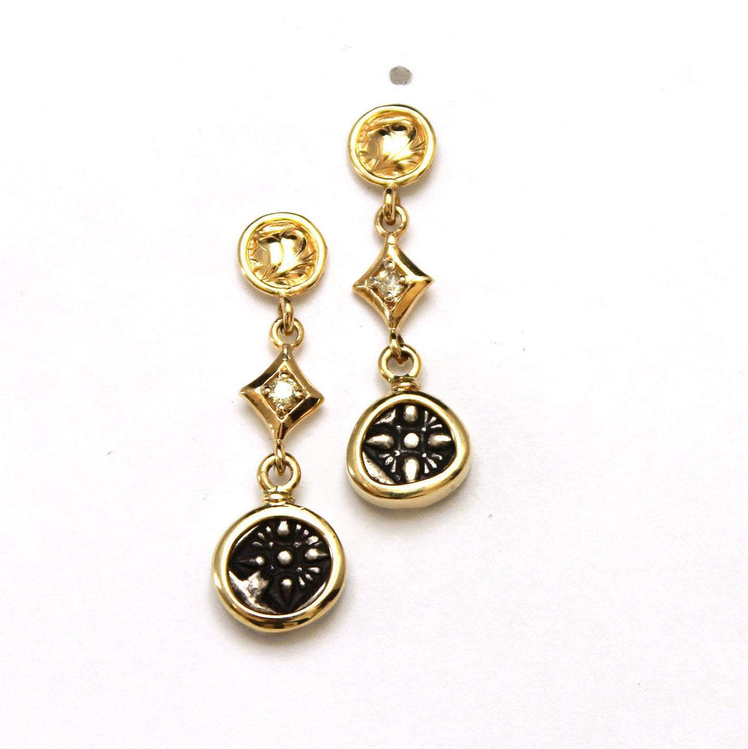 14K Gold Earrings, 0.04 Diamond Accents, Miletos, Star/Lion's Head Ancient Greek Diobol Coins, ID13309