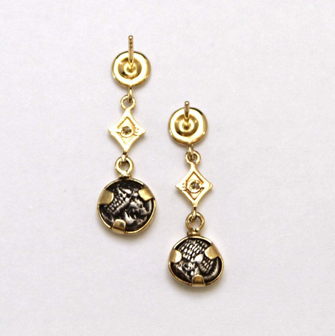 14K Gold Earrings, 0.04 Diamond Accents, Miletos, Star/Lion's Head Ancient Greek Diobol Coins, ID13309