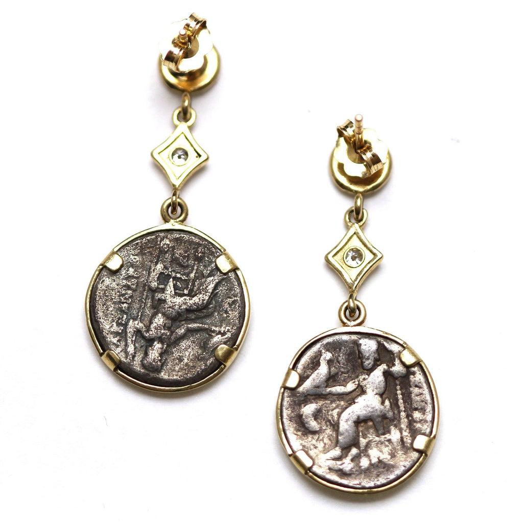 14K Gold Earrings, 0.08 CT Diamond Accents, Alexander the Great, Ancient Greek Drachm Coin, ID13381 - Erez Ancient Coin Jewelry 