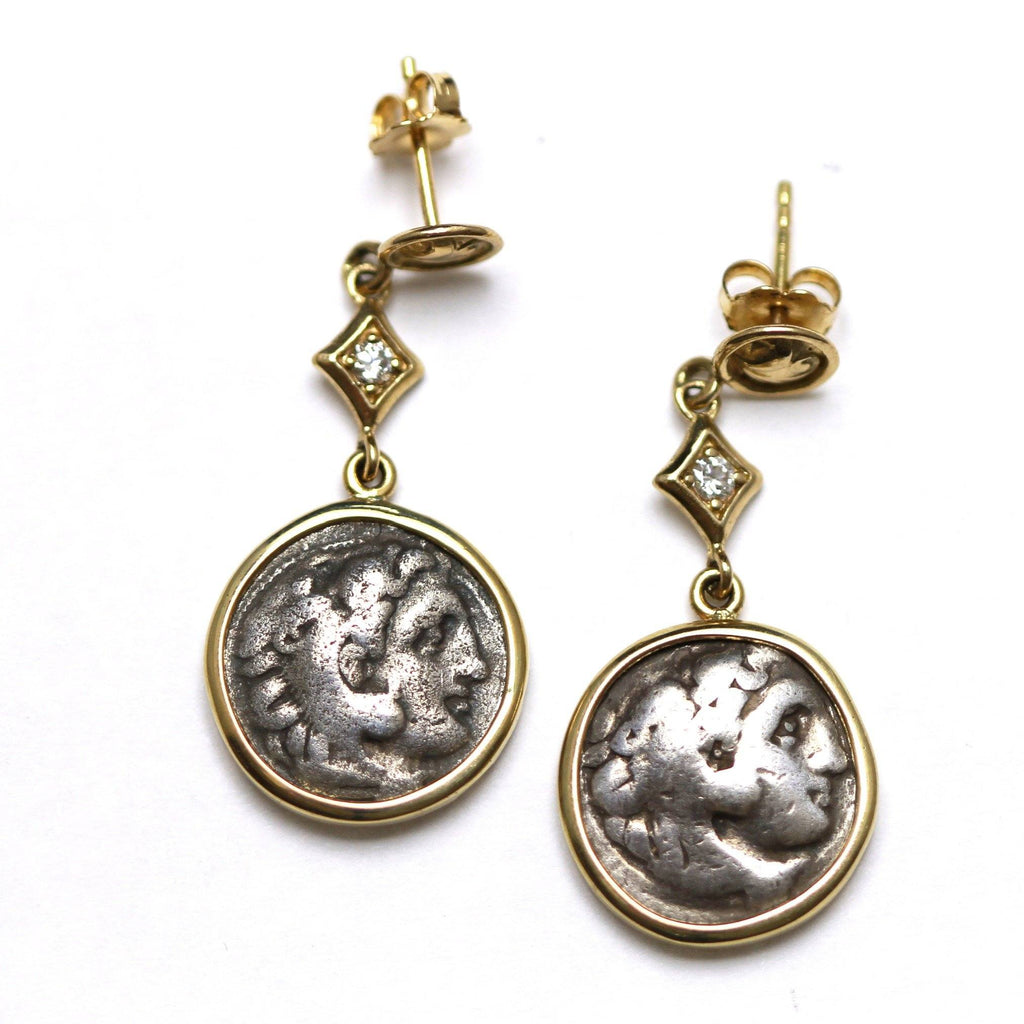 14K Gold Earrings, 0.08 CT Diamond Accents, Alexander the Great, Ancient Greek Drachm Coin, ID13381 - Erez Ancient Coin Jewelry 