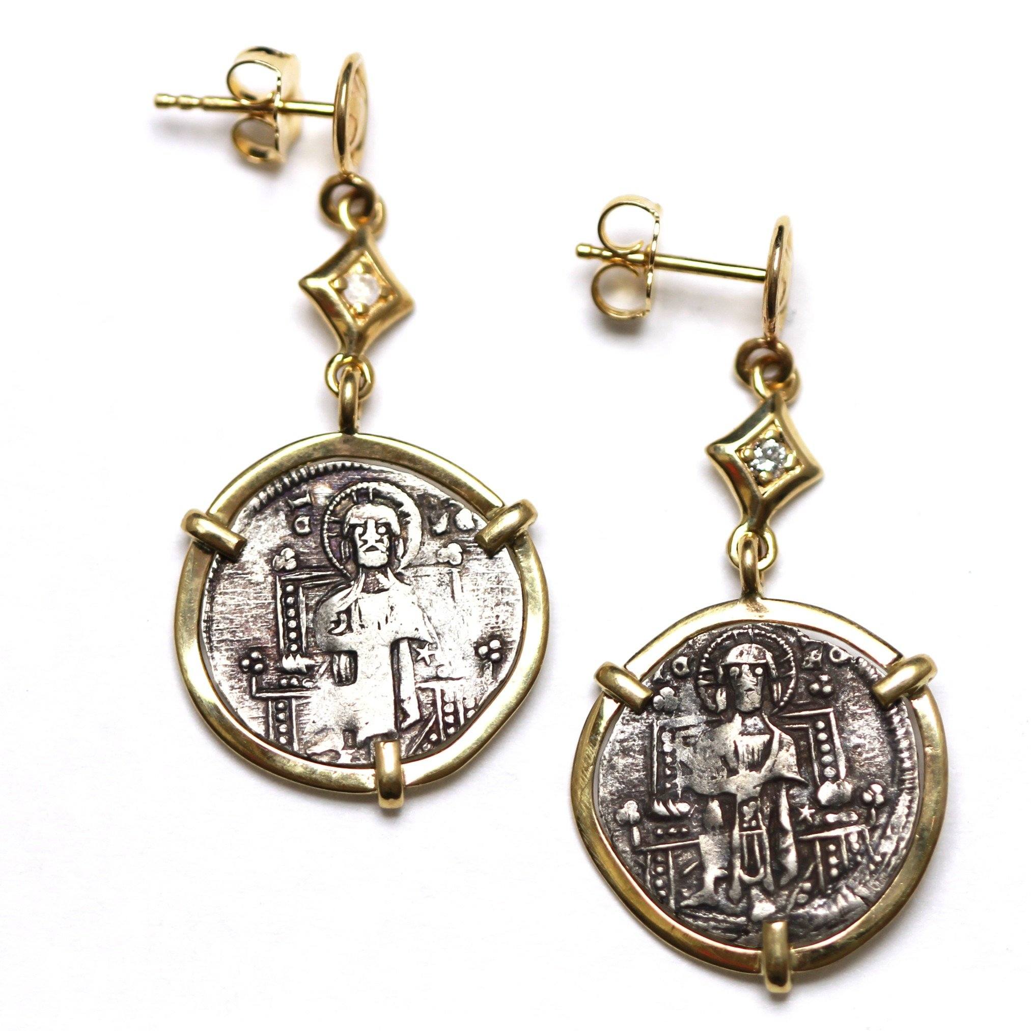 14K Gold Earrings, 0.08 CT Diamond Accents, Venetian Grosso, Ancient Coin Earrings, ID13000 - Erez Ancient Coin Jewelry 