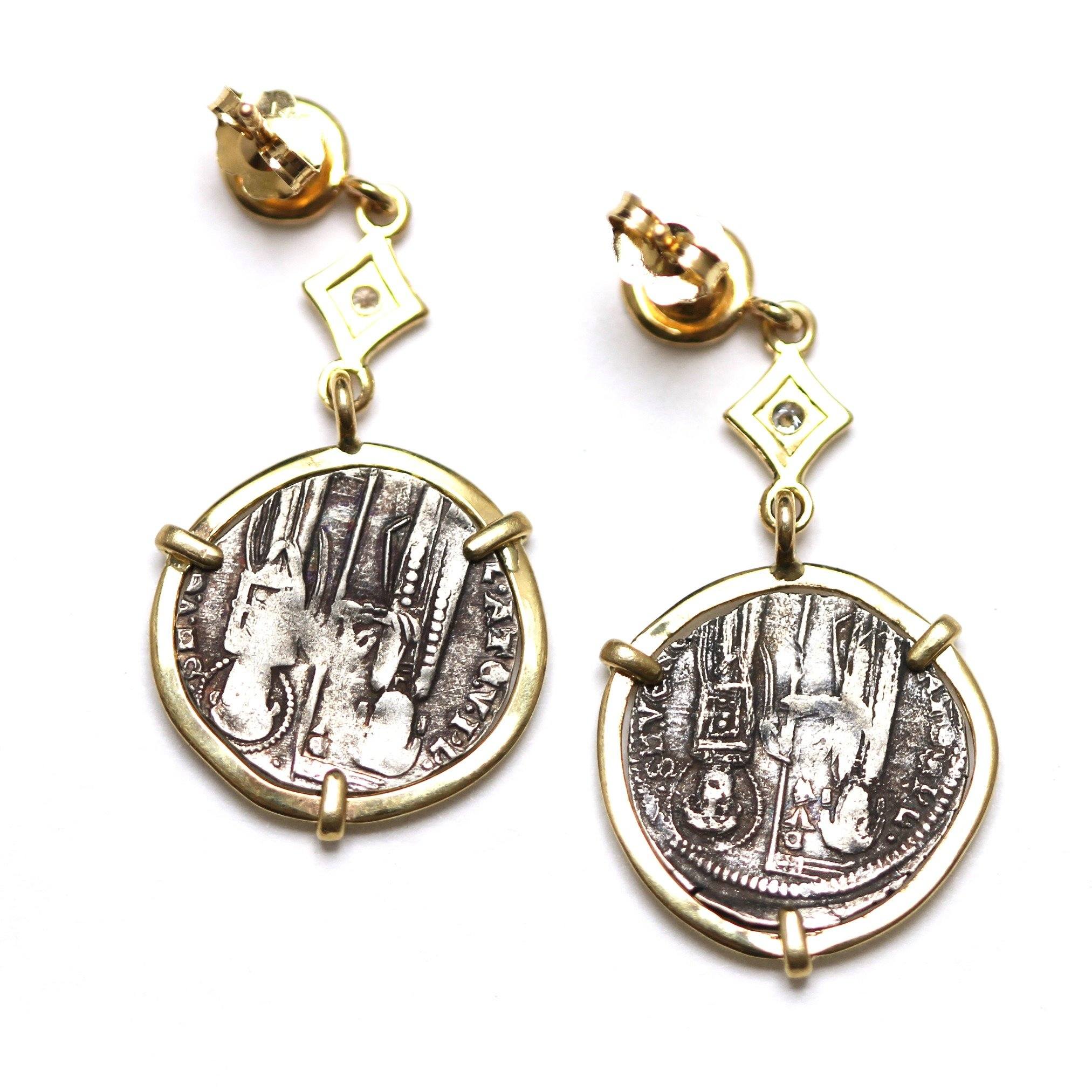 14K Gold Earrings, 0.08 CT Diamond Accents, Venetian Grosso, Ancient Coin Earrings, ID13000 - Erez Ancient Coin Jewelry 