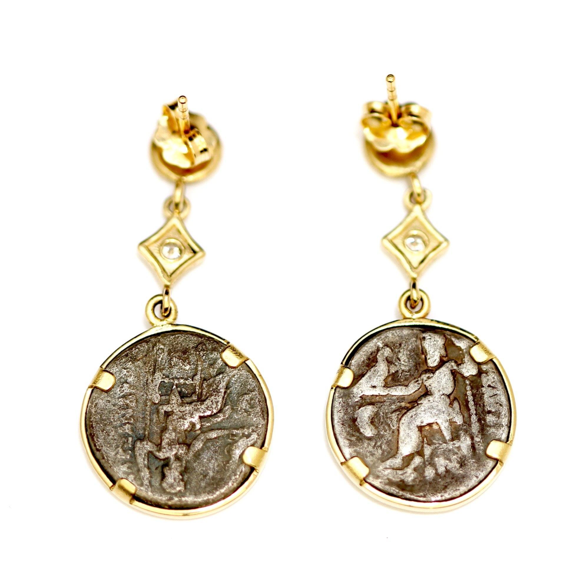 14K Gold Earrings, Diamonds, Alexander The Great, Greek Coin, Certificate - Erez Ancient Coin Jewelry 