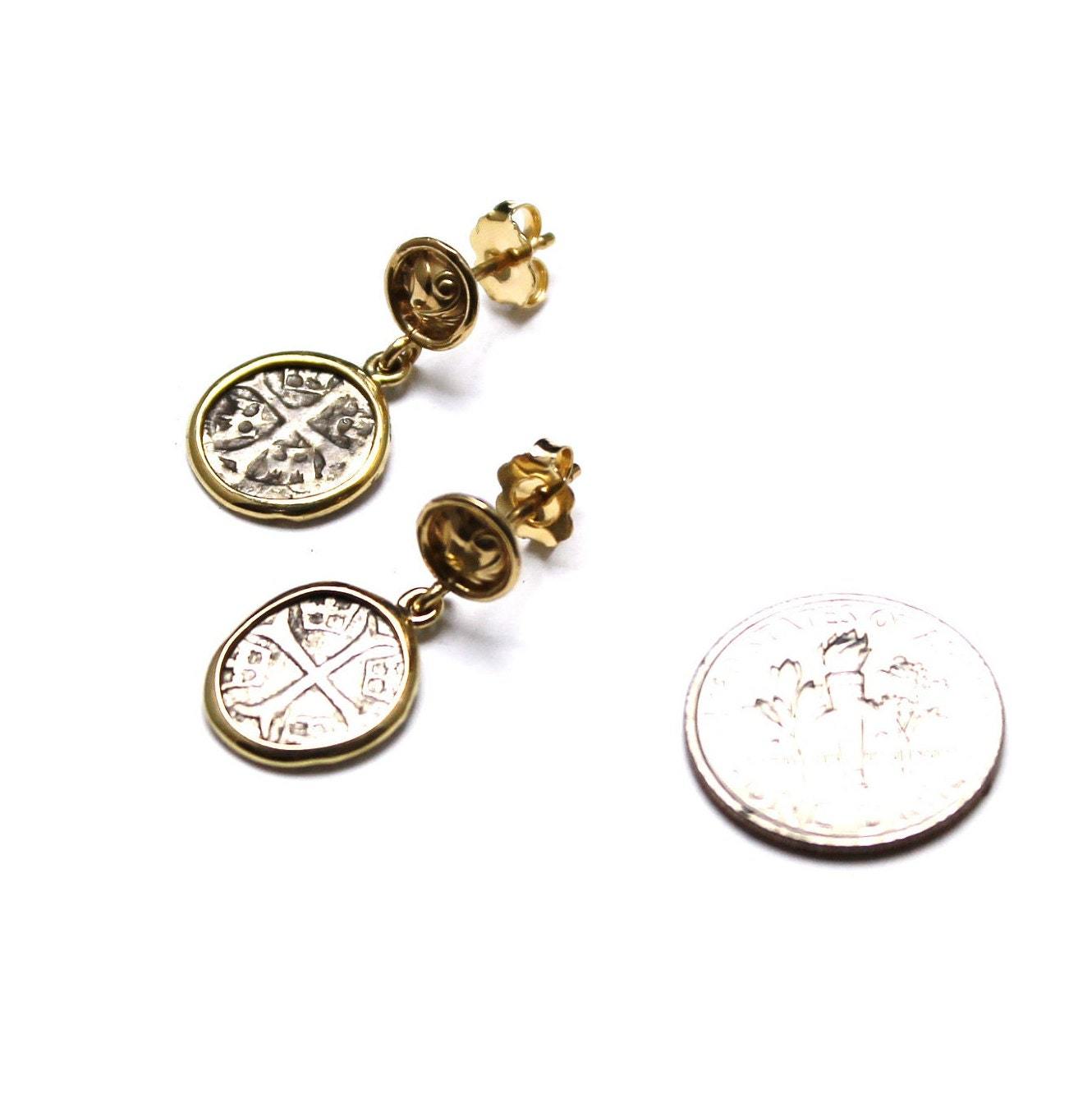 14K Gold Earrings, Hungarian Crusader Coin, ID12247