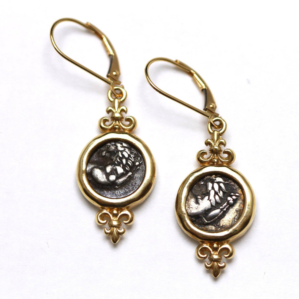 14K Gold Earrings, Lion of Thrace, Ancient Hemidrachm Coins, ID13382 - Erez Ancient Coin Jewelry 