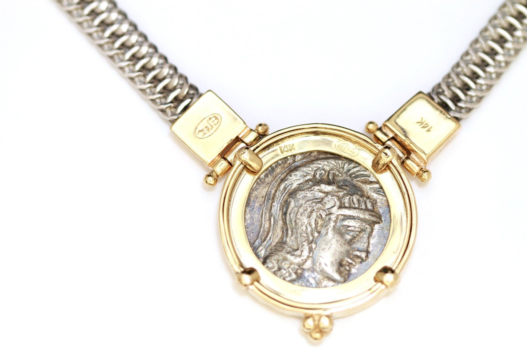14K Gold Necklace, Silver Chain, Greek Coin, Cert. ID13132 - Erez Ancient Coin Jewelry 
