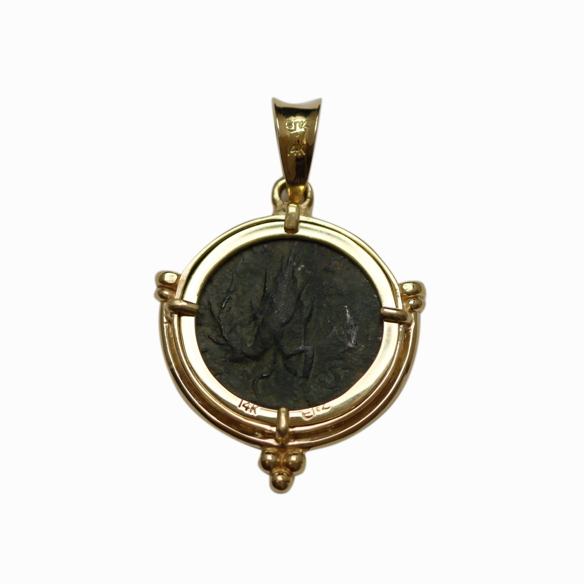 14K Gold Pendant, Bar Cochba, Shimon, Palm Tree, Ancient Jewish Coin, ID13279 - Erez Ancient Coin Jewelry 