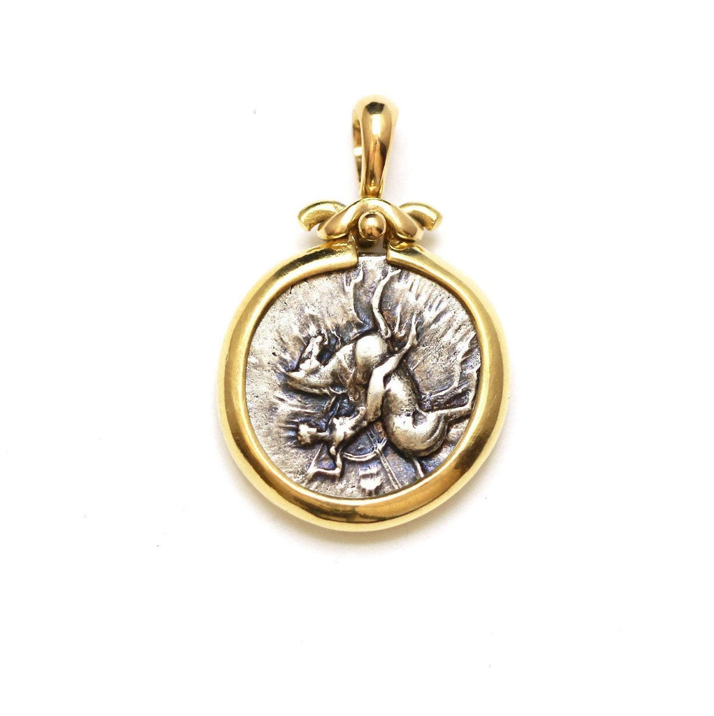 14K Gold Pendant, Boy on a Dolphin, Silver Nomos Coin, ID13393