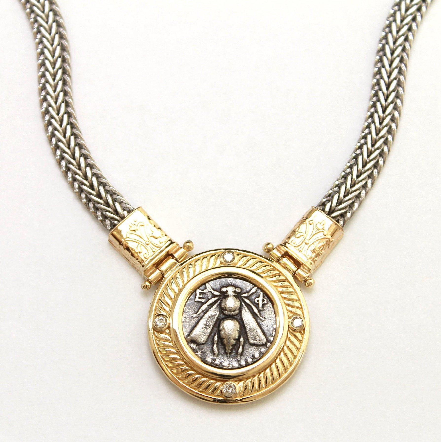 14K Gold Pendant, Four CZ Accents, Ionia Ephesos, Bee/Female Head, Bronze Diobol Coin, ID13472