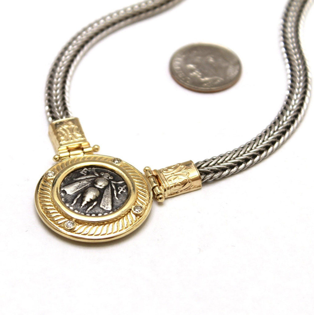14K Gold Pendant, Four CZ Accents, Ionia Ephesos, Bee/Female Head, Bronze Diobol Coin, ID13472