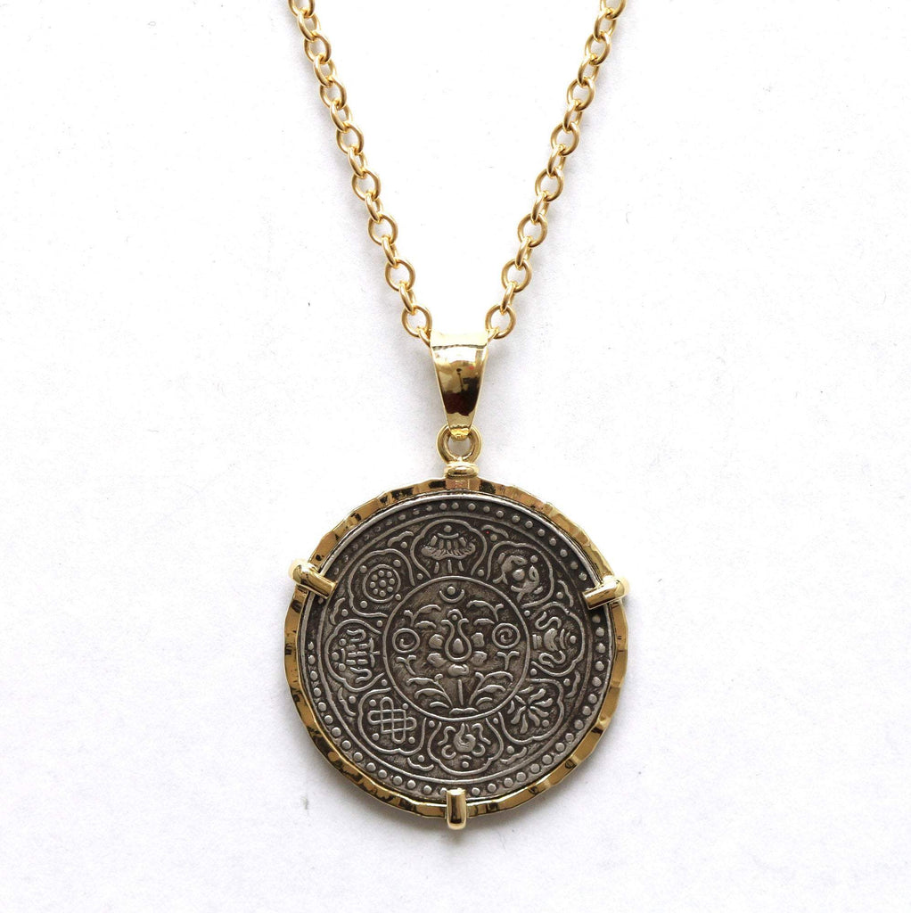 14K Gold Pendant, GF Chain, Tibetan Tangka, Lotus Flower, 8 Buddhist Lucky Symbols, 7122
