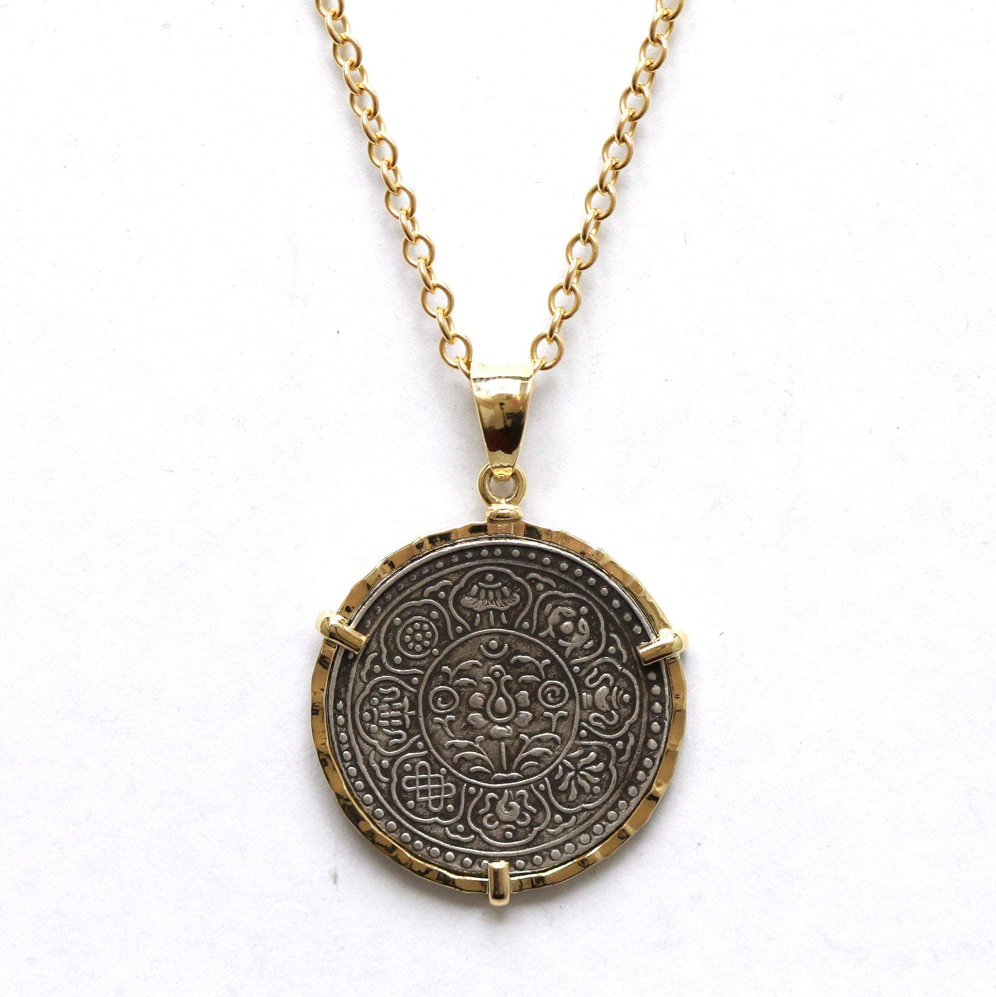 14K Gold Pendant, GF Chain, Tibetan Tangka, Lotus Flower, 8 Buddhist Lucky Symbols, 7122