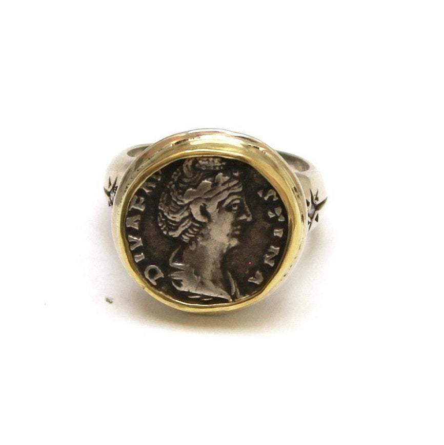 18K Bezel, Silver Ring, Diamond Accents, Faustina, Drachma Coin, ID13175