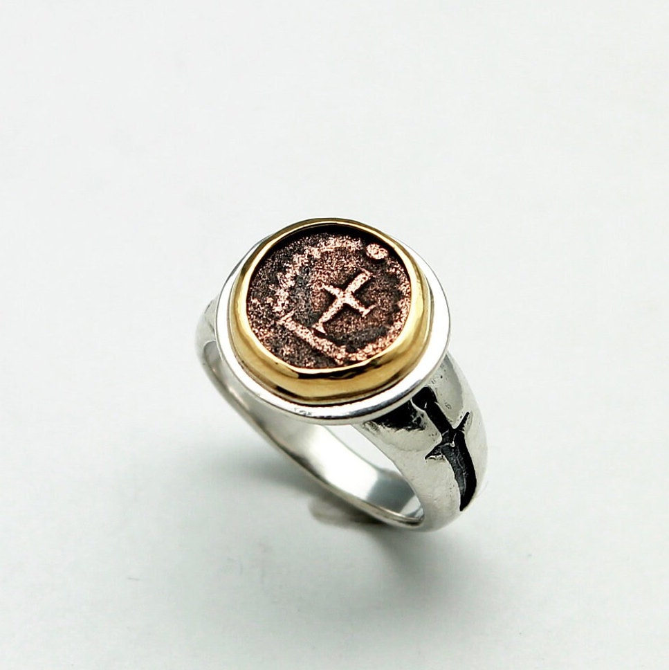 18K Bezel, Sterling Silver Engraved Ring, Theodosius II, Ancient Roman Coin, 7296