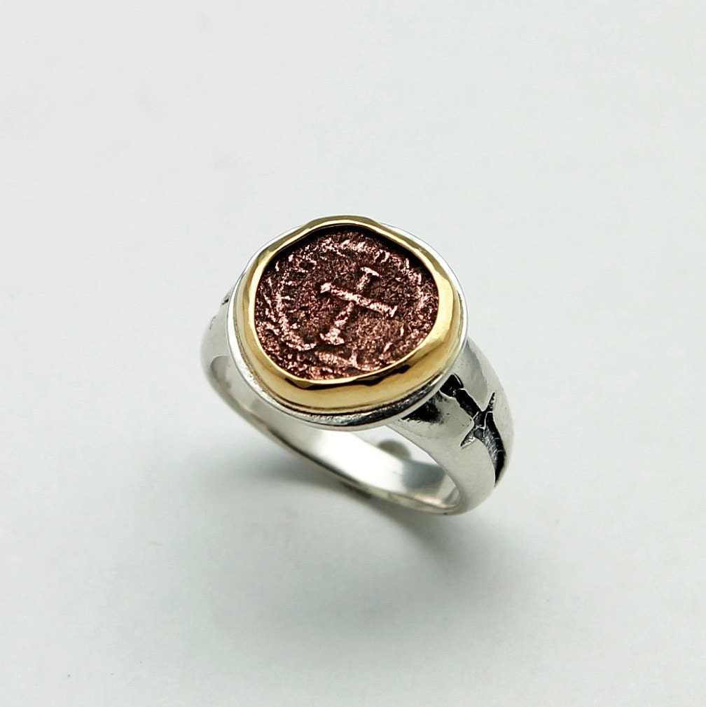 18K Bezel, Sterling Silver Engraved Ring, Theodosius II, Ancient Roman Coin, 7297