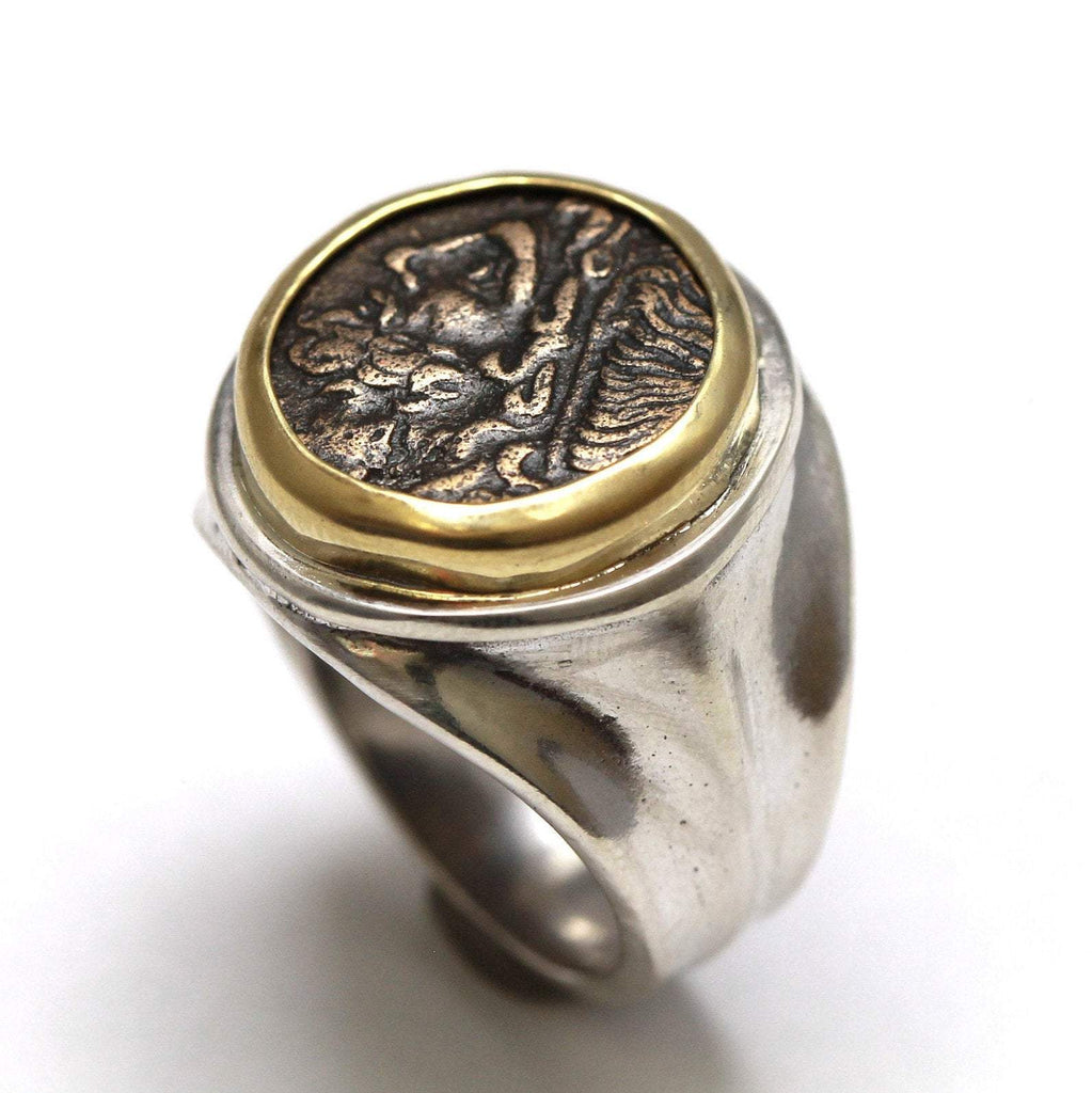 18K Bezel, Sterling Silver Ring, Hieron II, Poseidon and Triden, Ancient Bronze Coin, 7101