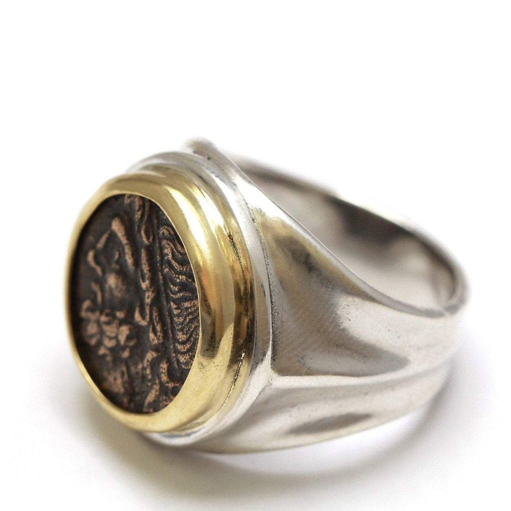 18K Bezel, Sterling Silver Ring, Hieron II, Poseidon and Triden, Ancient Bronze Coin, 7101