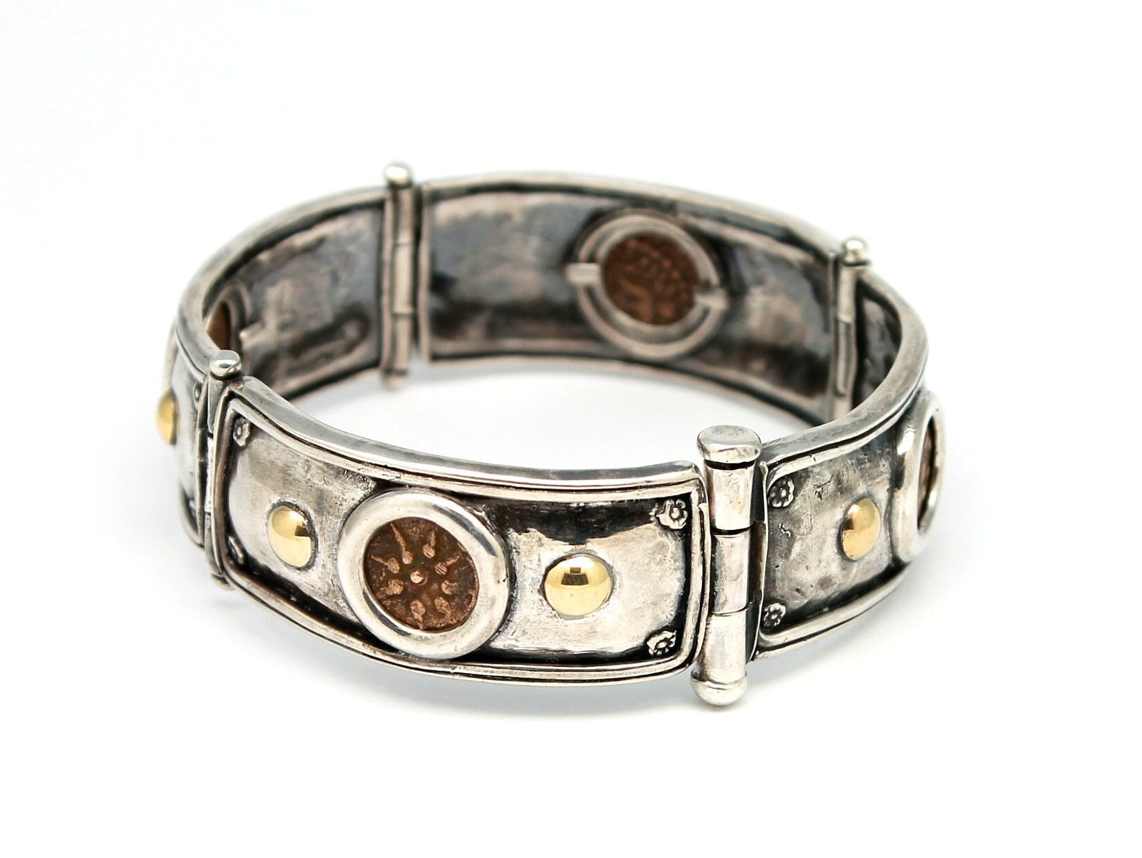 18K Gold Accents, Sterling Silver Flat Bracelet, Widows Mite, Ancient Prutah Coins, 7276