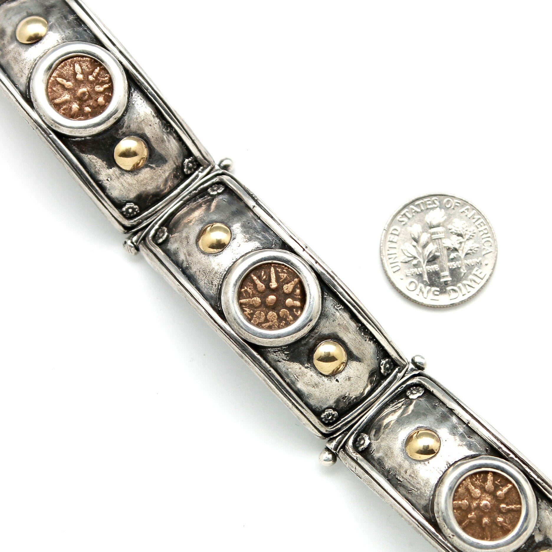 18K Gold Accents, Sterling Silver Flat Bracelet, Widows Mite, Ancient Prutah Coins, 7276