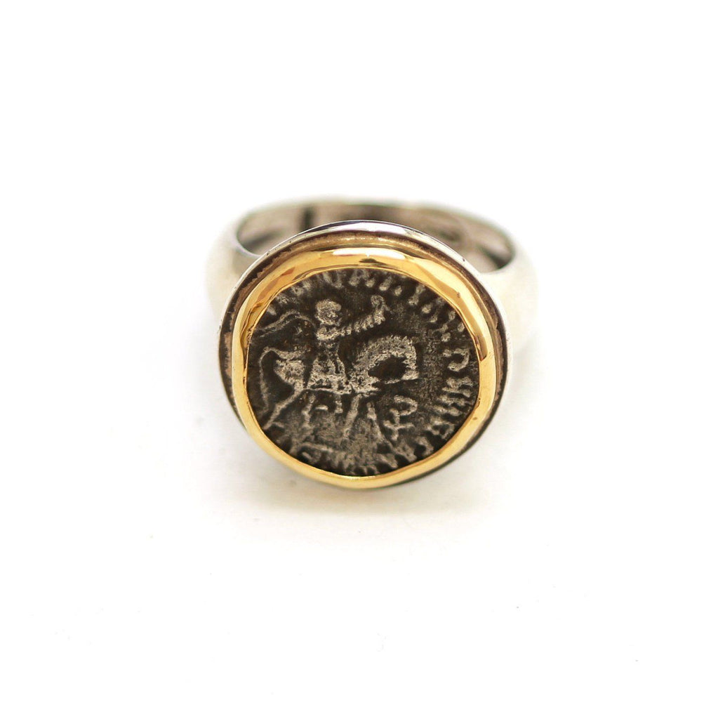 18K Gold Bezel, Silver Ring, Indo-Scythians, Drachma Coin, 6947 - Erez Ancient Coin Jewelry 