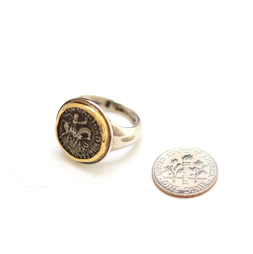 18K Gold Bezel, Silver Ring, Indo-Scythians, Drachma Coin, 6947 - Erez Ancient Coin Jewelry 