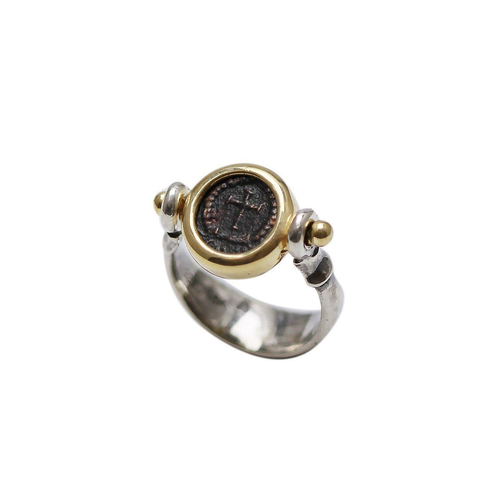 18K Gold Bezel, Silver Ring, Theodosius II, Roman Cross Coin, 6769 - Erez Ancient Coin Jewelry 