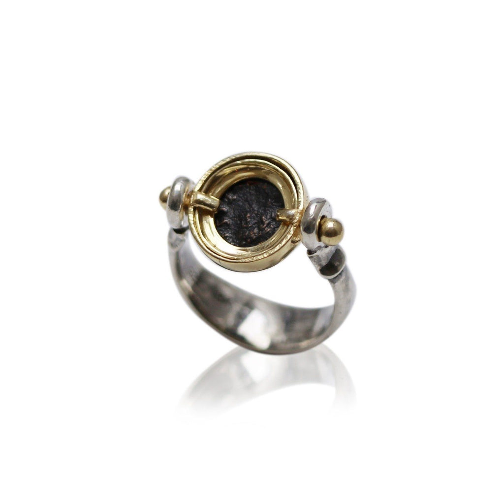18K Gold Bezel, Silver Ring, Theodosius II, Roman Cross Coin, 6769 - Erez Ancient Coin Jewelry 