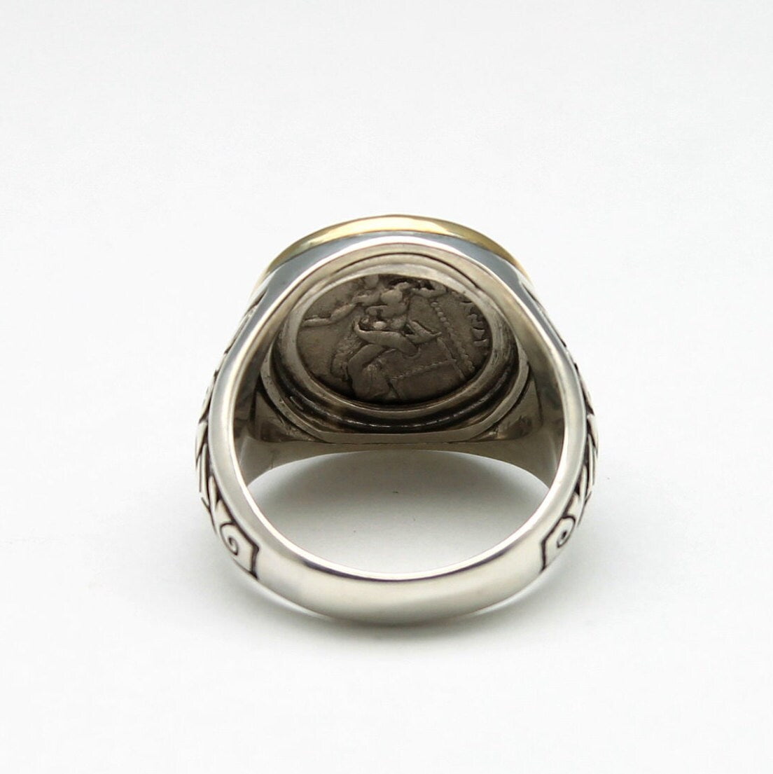 18K Gold Bezel, Sterling Silver Engraved Ring, Alexander the