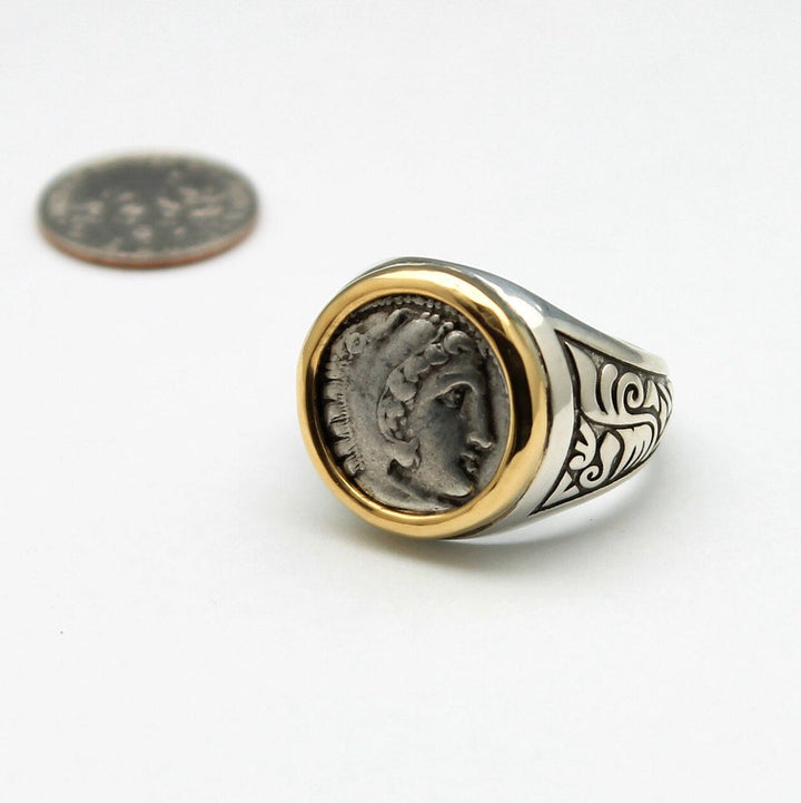 18K Gold Bezel, Sterling Silver Engraved Ring, Alexander the Great, Ancient Drachm Coin, ID13725