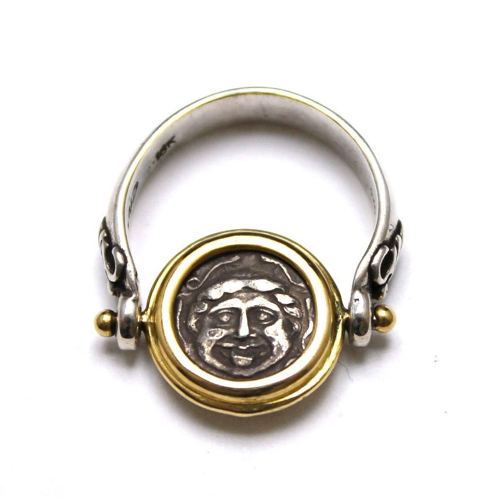 18K Gold Bezel, Sterling Silver Engraved Ring, Parion, Gorgon/Bull, Ancient Hemidrachm Coin, ID12851