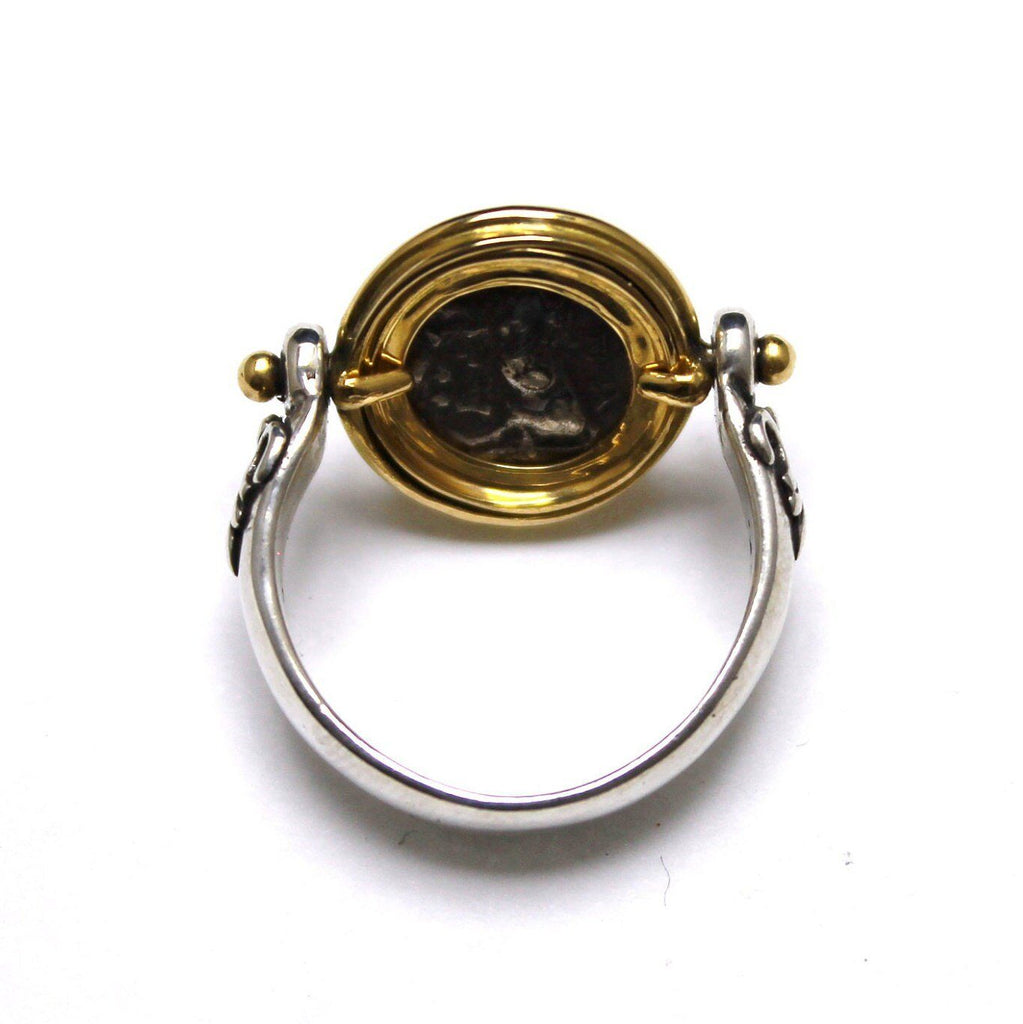 18K Gold Bezel, Sterling Silver Engraved Ring, Parion, Gorgon/Bull, Ancient Hemidrachm Coin, ID12851