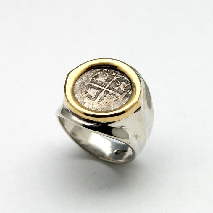 18K Gold Bezel, Sterling Silver Ring, Carlos III, 2 Reale, ID13873