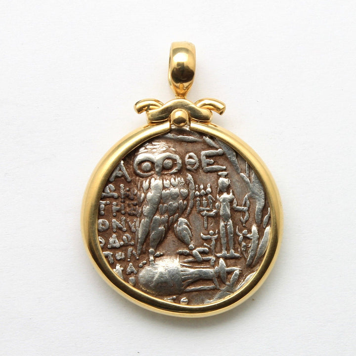 18K Gold Pendant, Athens, Attica, Athena's Owl, Ancient New Style Tetradrachm Coin, ID14035