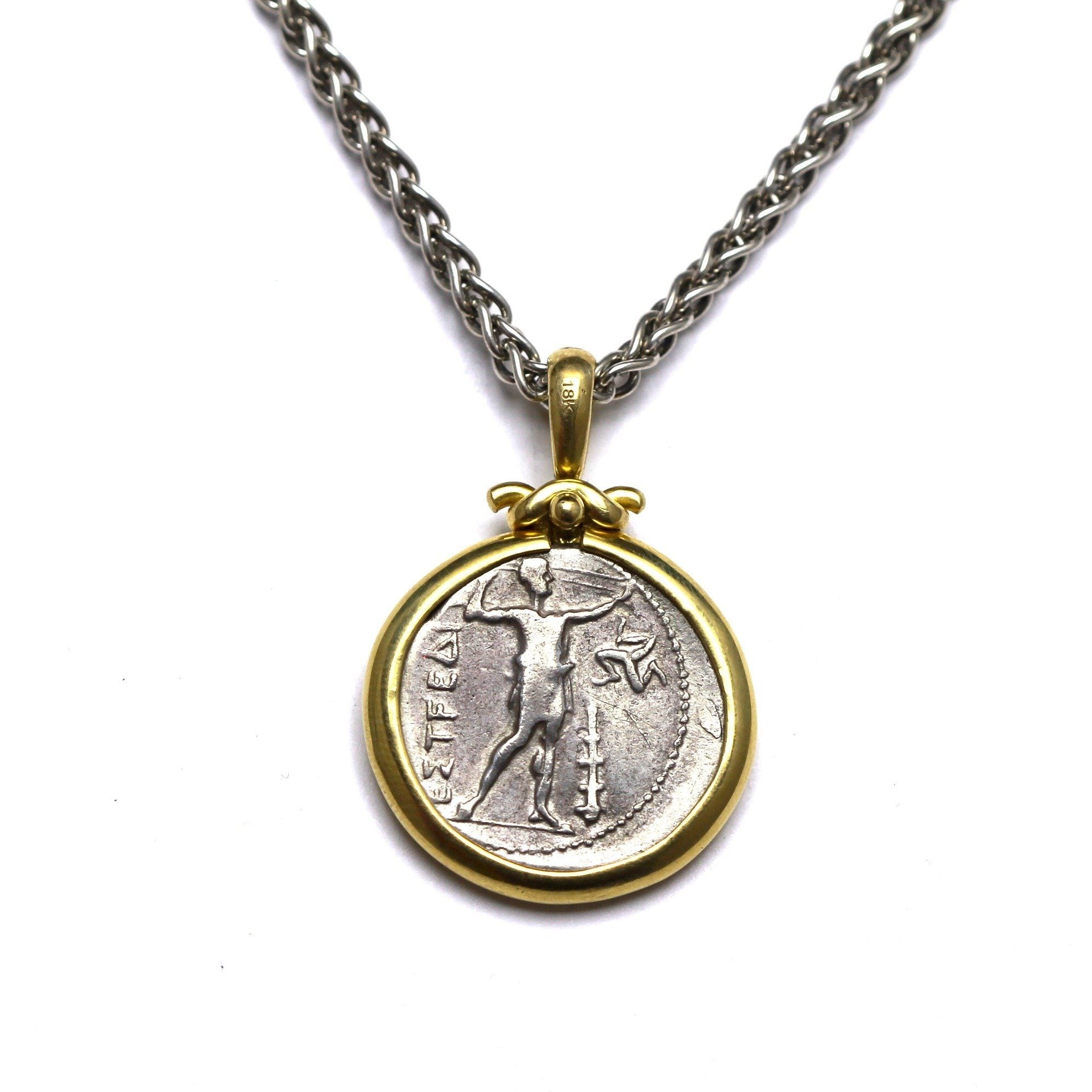 18K Gold Pendant, Sterling Silver Chain, Aspendos Olympic Games Coin, Greek, Cert. ID12797 - Erez Ancient Coin Jewelry 