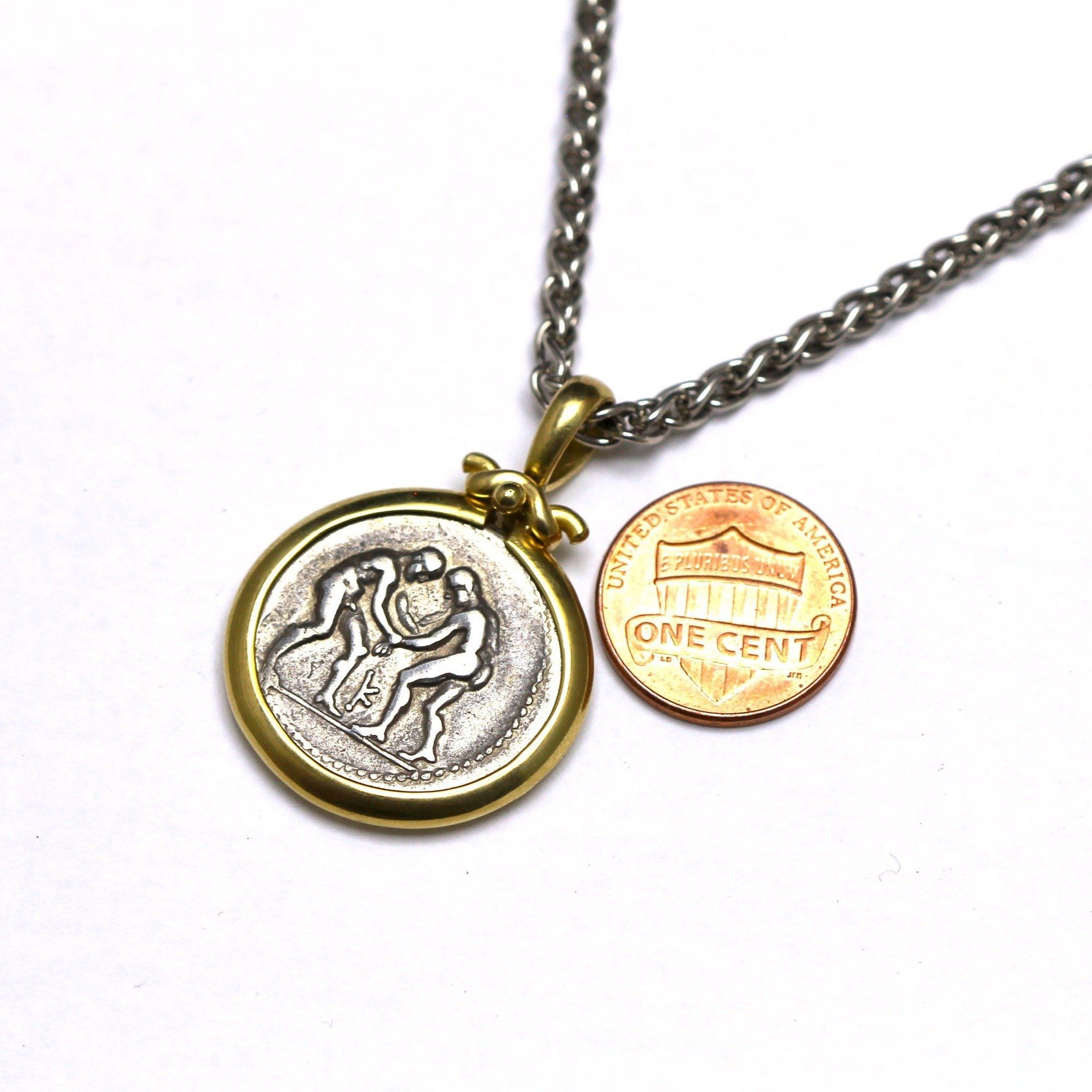 18K Gold Pendant, Sterling Silver Chain, Aspendos Olympic Games Coin, Greek, Cert. ID12797 - Erez Ancient Coin Jewelry 