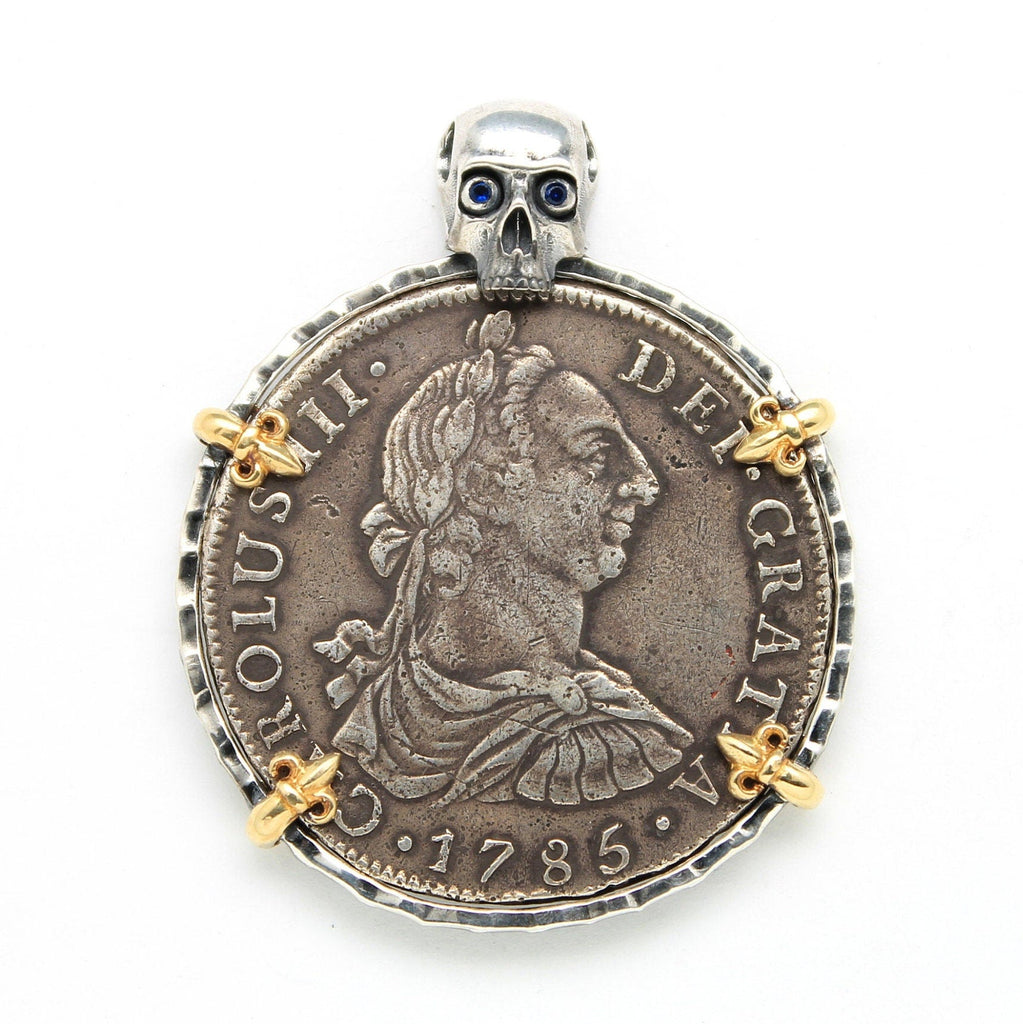 18K Gold Prongs, Silver Pendant, Carolus IIII, 8 Reale Coin, ID14038