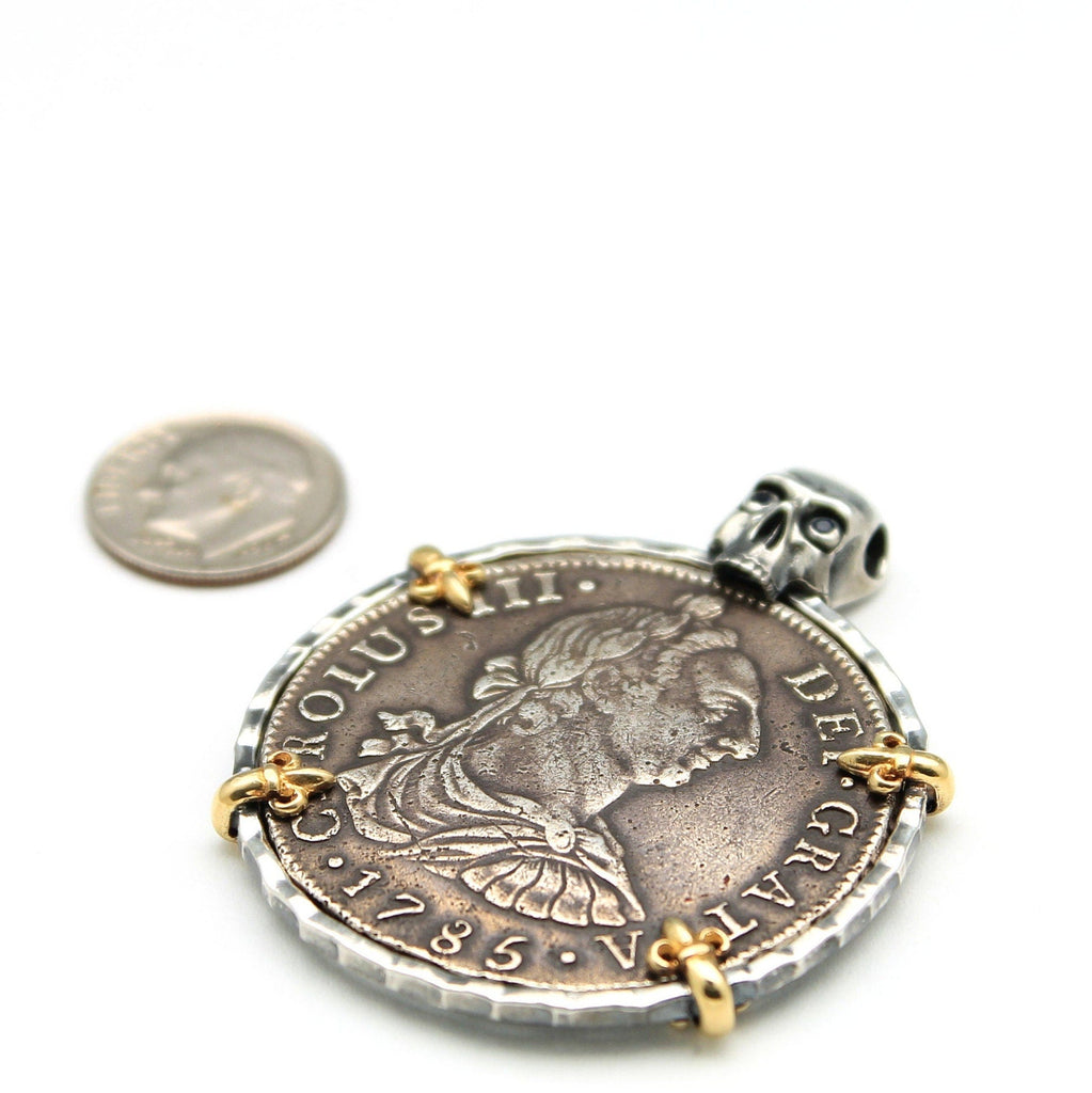 18K Gold Prongs, Silver Pendant, Carolus IIII, 8 Reale Coin, ID14038
