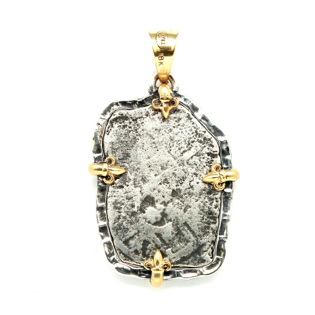 18K Gold Prongs, Sterling Silver Pendant, 1715 Fleet, Spanish Shipwreck Coin, ID13971