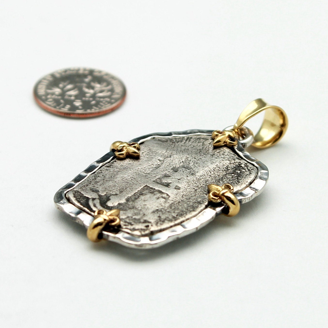 18K Gold Prongs, Sterling Silver Pendant, 1715 Fleet, Spanish Shipwreck Coin, ID13971