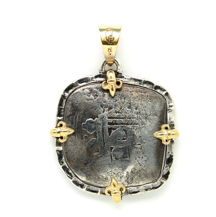 18K Gold Prongs, Sterling Silver Pendant, 1715 Fleet, Spanish Shipwreck Coin, ID14029